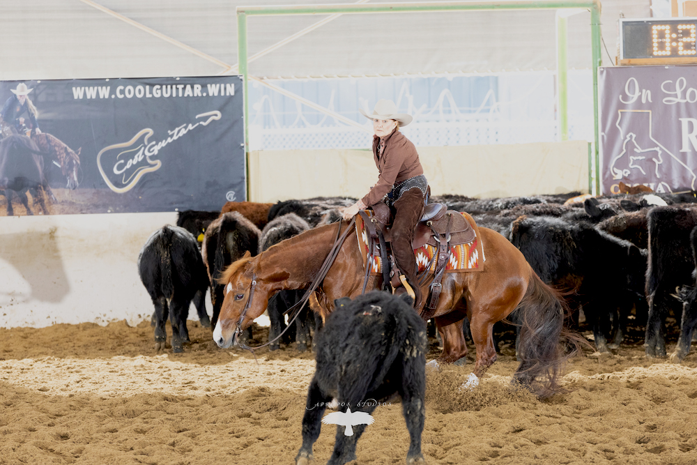Nancy demonstrating cutting horse expertise